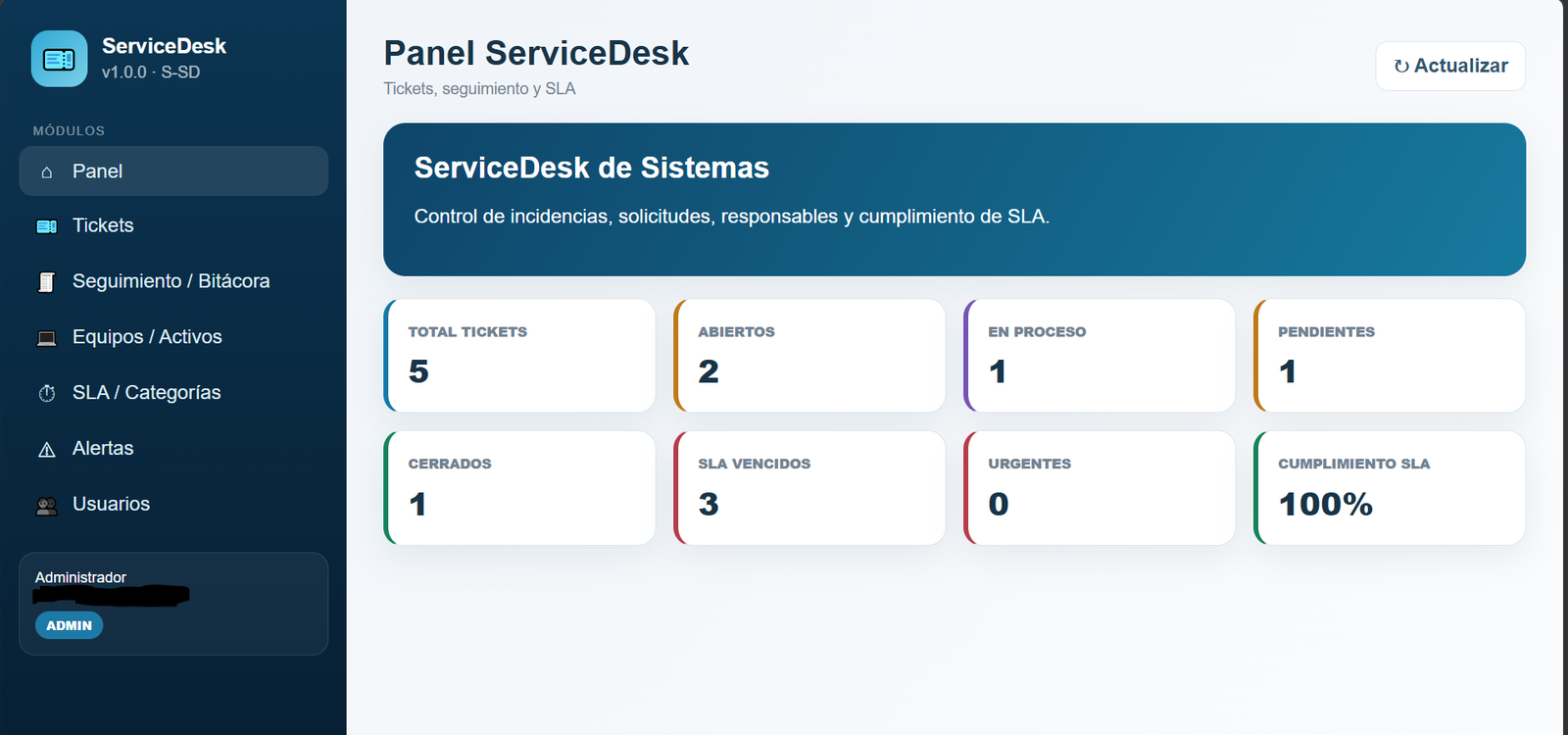Vista previa de la Web App Tickets de sistemas